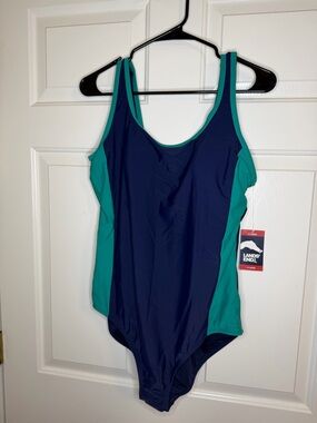 Lands' End Navy & Teal Panel One-Piece Swimsuit NWT built in bra